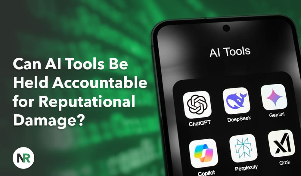 A smartphone screen displays AI tool app icons, including ChatGPT, DeepSeek, Gemini, Copilot, Perplexity, and Grok. Text reads, "Can AI Tools Be Held Accountable for Reputational Damage?" on a green background to highlight reputational damage concerns.