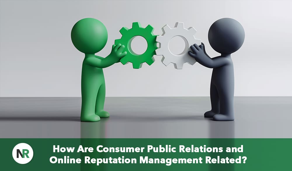 Two stylized human figures, one green and one gray, hold interconnected gears. Below them, a green banner displays the text: "How Are Consumer Public Relations and Online Reputation Management Related?.