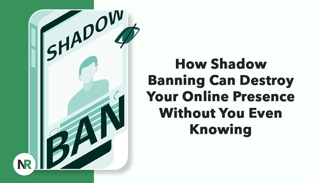 Illustration of a digital profile labeled "SHADOW BAN" with an eye icon crossed out, highlighting how shadow banning can destroy your online presence without you even knowing.