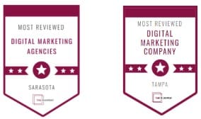 Two award badges featuring "Most Reviewed Digital Marketing Agencies" for Sarasota and "Most Reviewed Digital Marketing Company" for Tampa, both from The Manifest. Each badge includes a star within a maroon banner design.